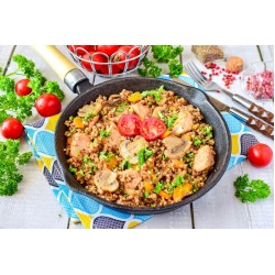 Гречка с грибами, курицей и сливками (на сковороде)